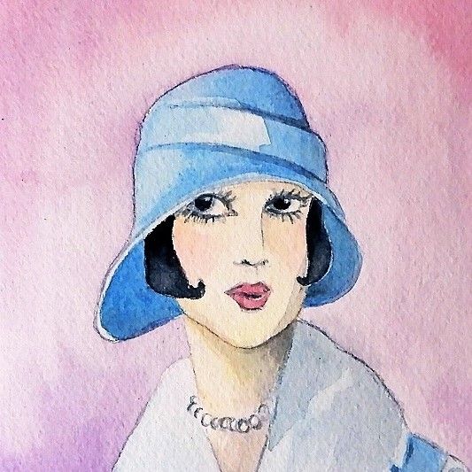 Deco Woman Blue Hat Watercolor Art 5x7