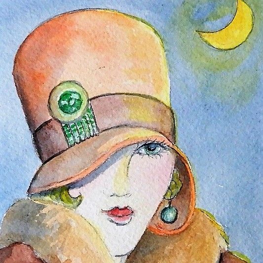 Deco Woman Moon Glow Watercolor Art 4x6