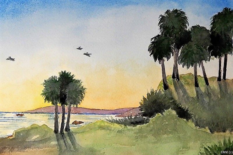 Scenic Pismo Palms Watercolor Art 7x10