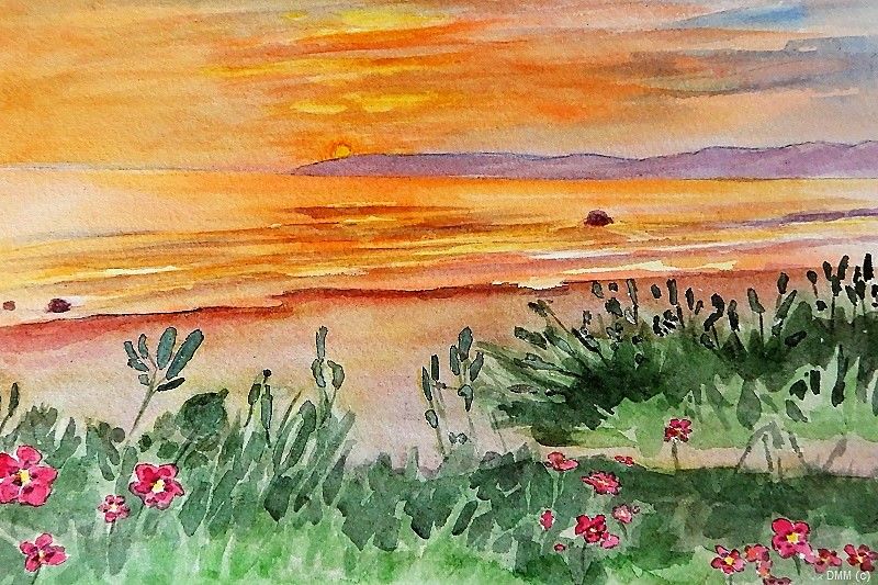 Scenic Sunset Grass near Ocean Watercolor Art 6x9