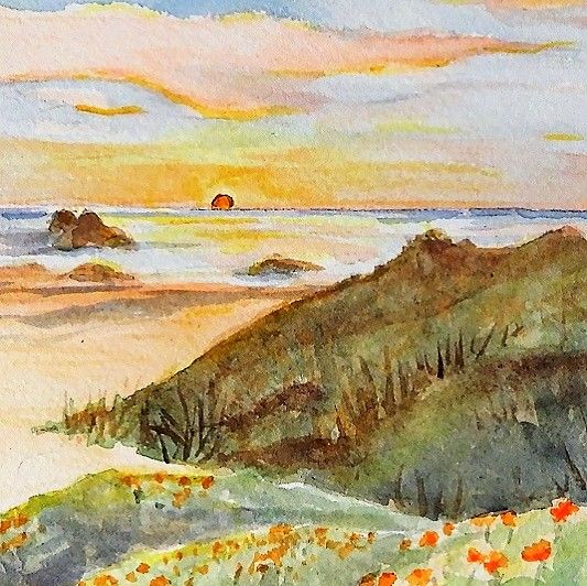 Scenic Sunset Beach Flowers Watercolor Art 5x7