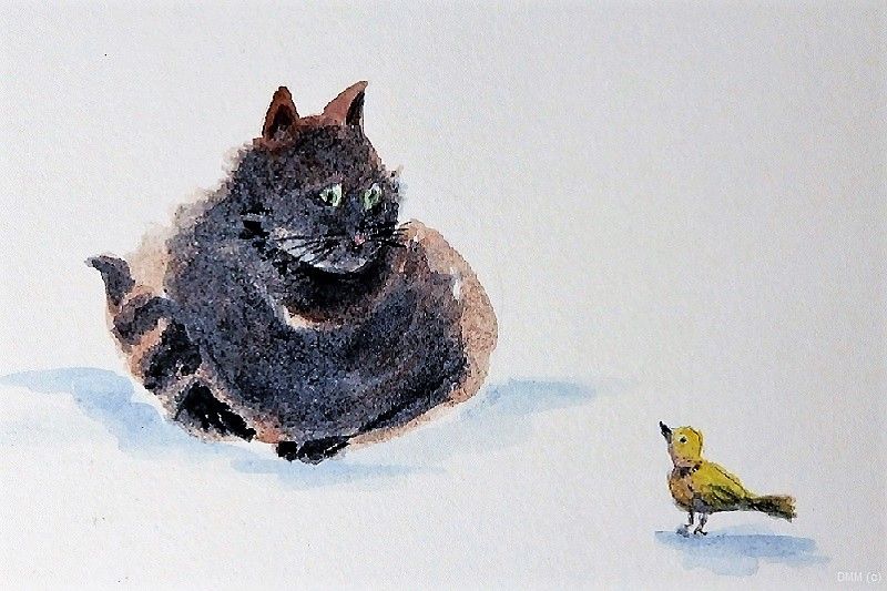 Animal Black Cat and Yellow Bird Watercolors Art 4x6