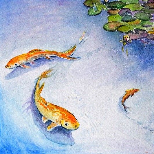 Animals 3 Goldfish Watercolor Art 5x8