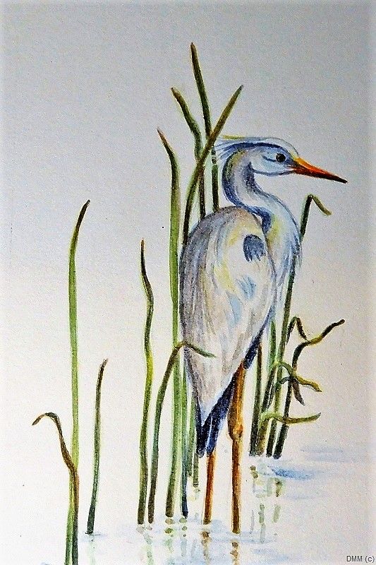 Animal White Crane Watercolor Art 5x9