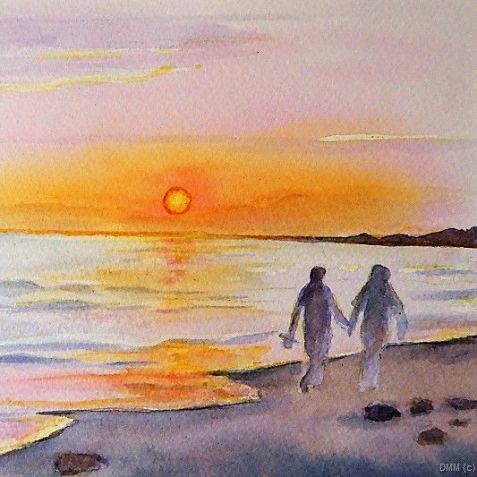 Scenic Sunset Walk on Beach Watercolors Art 6x8