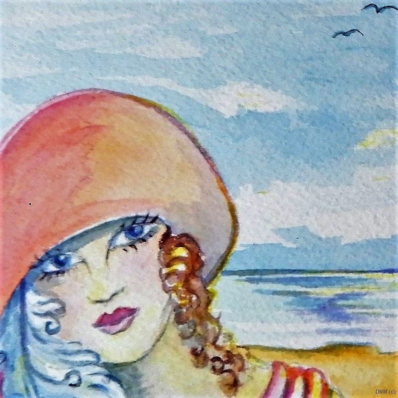 Deco Woman on the Beach Watercolor Art 4x5 SQ