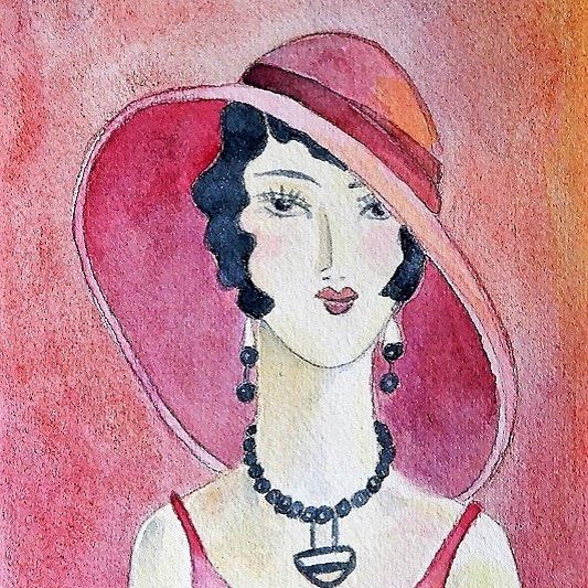Deco Woman Red Hat Watercolor Art 5x7