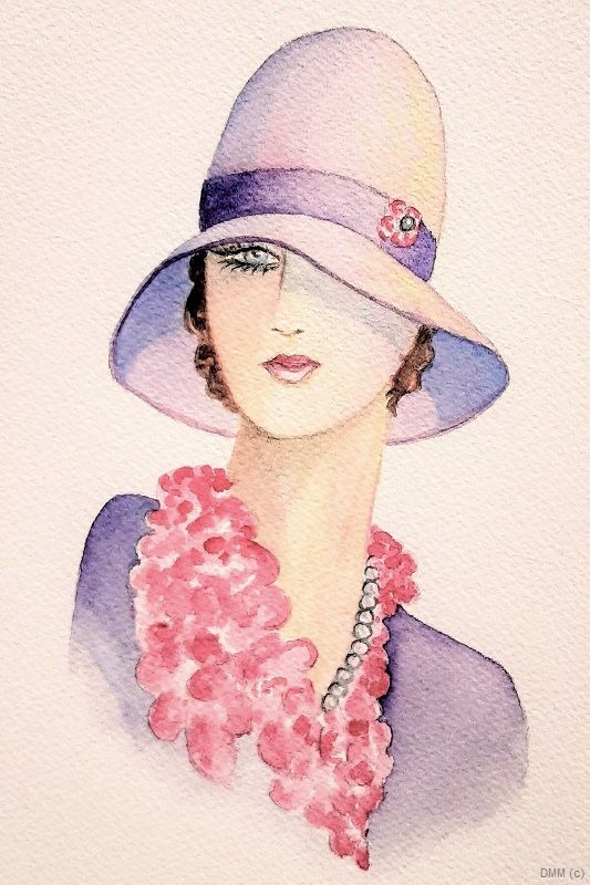 Woman Deco Purple Hat Watercolor 5x8